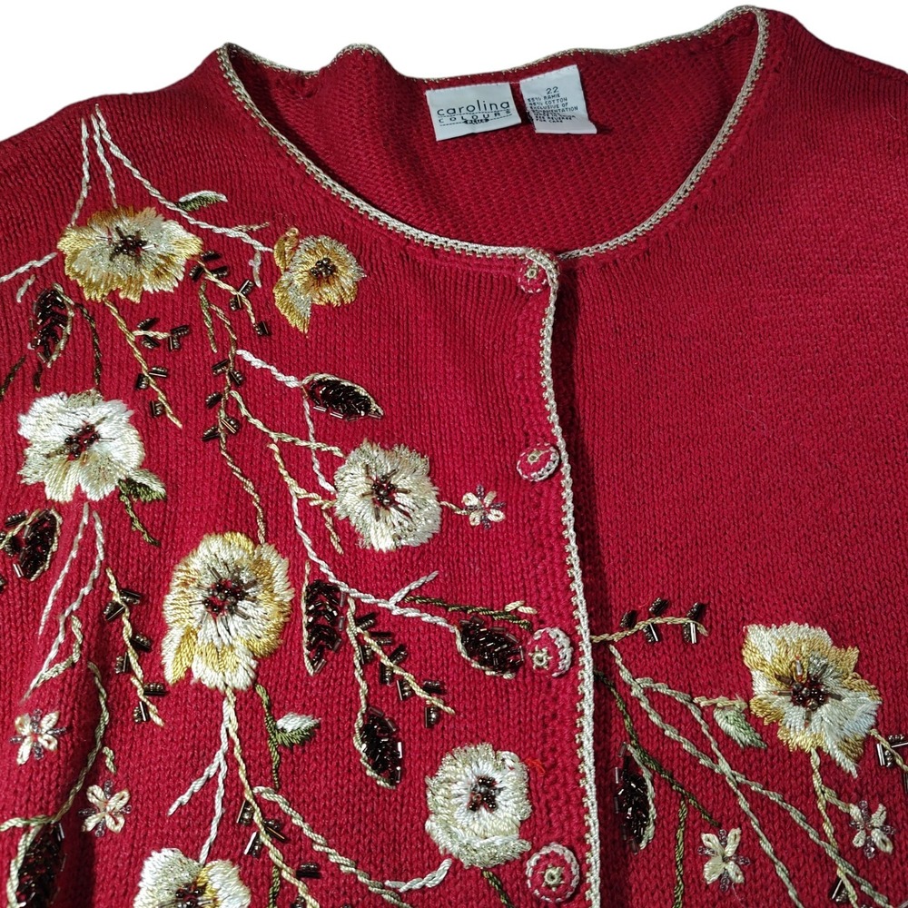 Vintage Carolina Colours Cardigan Beads Embroidered Floral Red Womens Twenty Two